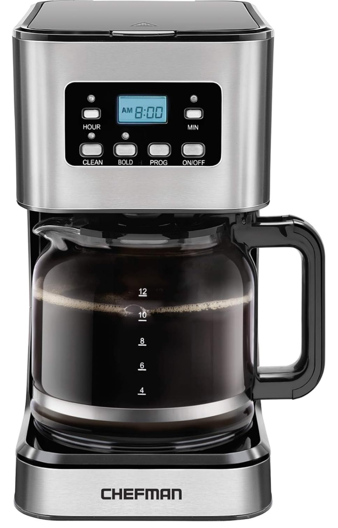 Chefman 12-Cup Programmable Coffee Maker, Electric Brewer, Auto Shut Off, Digital Display w/Auto-Brew Function, Anti-Drip Pot, Reusable Filter for Fresh Grounds, Square Stainless Steel, Glass Carafe