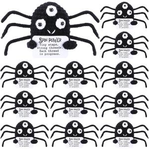 Pinkunn 12 Pcs Small Spiders Gifts Bulk Cute Black Spiders Crochet Plush Doll with Positive Cards Inspirational Gifts for Birthday Holiday Party Favor Home Office Table Car Hanging Decor Supplies