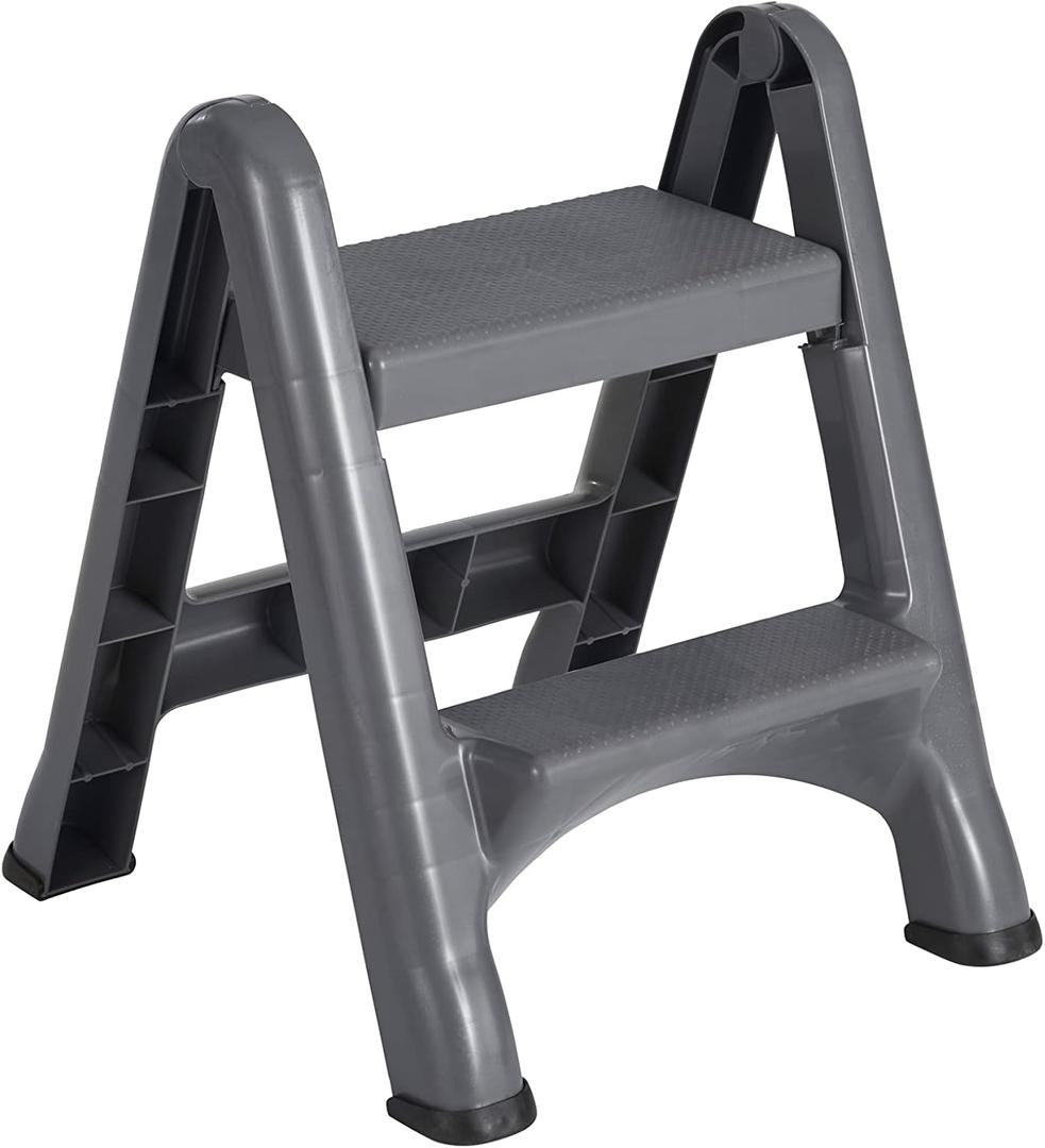 Rubbermaid Two-Step Folding Foot Stool 14-Inch High Gray 300-Pound Capacity Small Step Stool for Adults/Kids for Use in Library/Kitchen/Bathroom/Garage/Closet