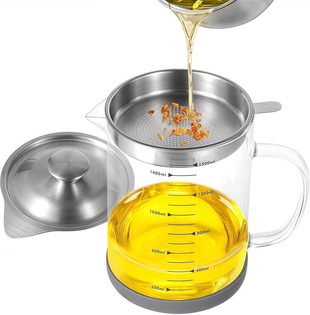 Premium Bacon Grease Saver with Strainer - Large 1.5L Grease Container for Kitchen with Stainless Steel Filter, Used Oil Storage & Bacon Drippings Keeper (50oz, Borosilicate Glass, Non-Slip Base)