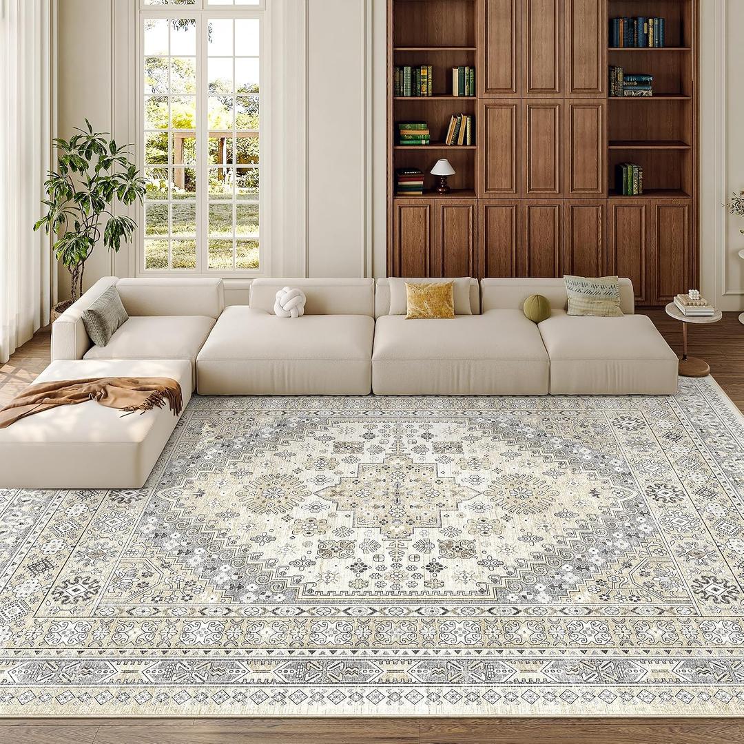 zesthome 8x10 Area Rugs for Living Room,Non-Slip Backing Washable Rugs,Vintage Large Area RugStain Resistant Home Decor Rug (Beige,8'x10')