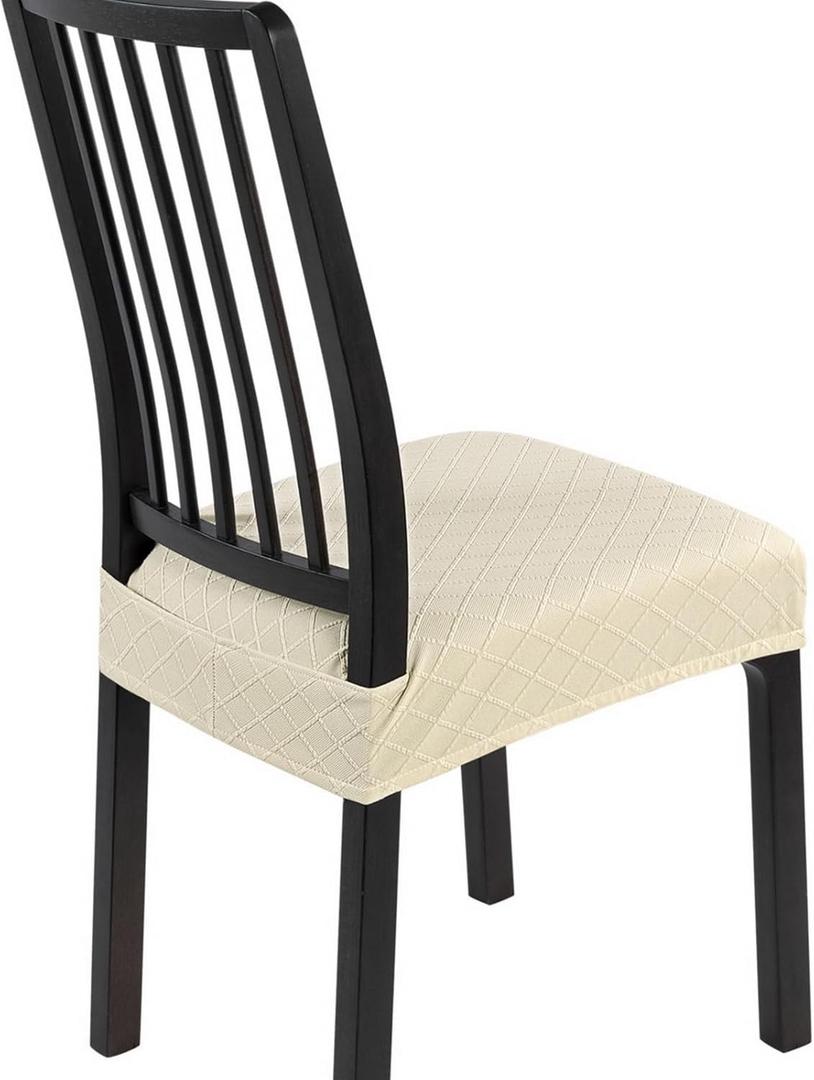 SearchI Stretch Dining Chair Seat Covers Set of 4, Soft Removable Washable Seat Covers for Dining Chairs, Dining Room Seat Cover Protector (Rear-Covered, Check Jacquard Beige)