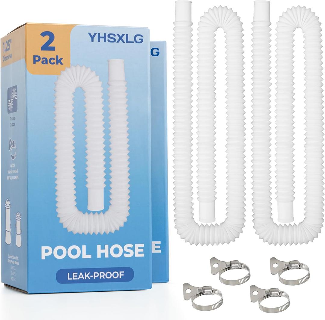 Pool Hoses for Above Ground Pools, 1.25 x 50 Inch Hose for Filter Pump, Compatible with Filter Pump 607, 637 (2 Hoses + 4 Metal Clamps)