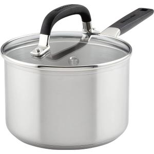 KitchenAid Stainless Steel Saucepan with Measuring Marks and Lid, 2 Quart, Brushed Stainless Steel, 1.6 Quarts