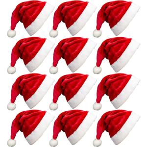 MarJunSep 12 Pack Plush Santa Christmas Hats for Kids Children Teenagers & Adults Small Head, Red Plush Xmas Hats with White Cuffs for Christmas Holiday
