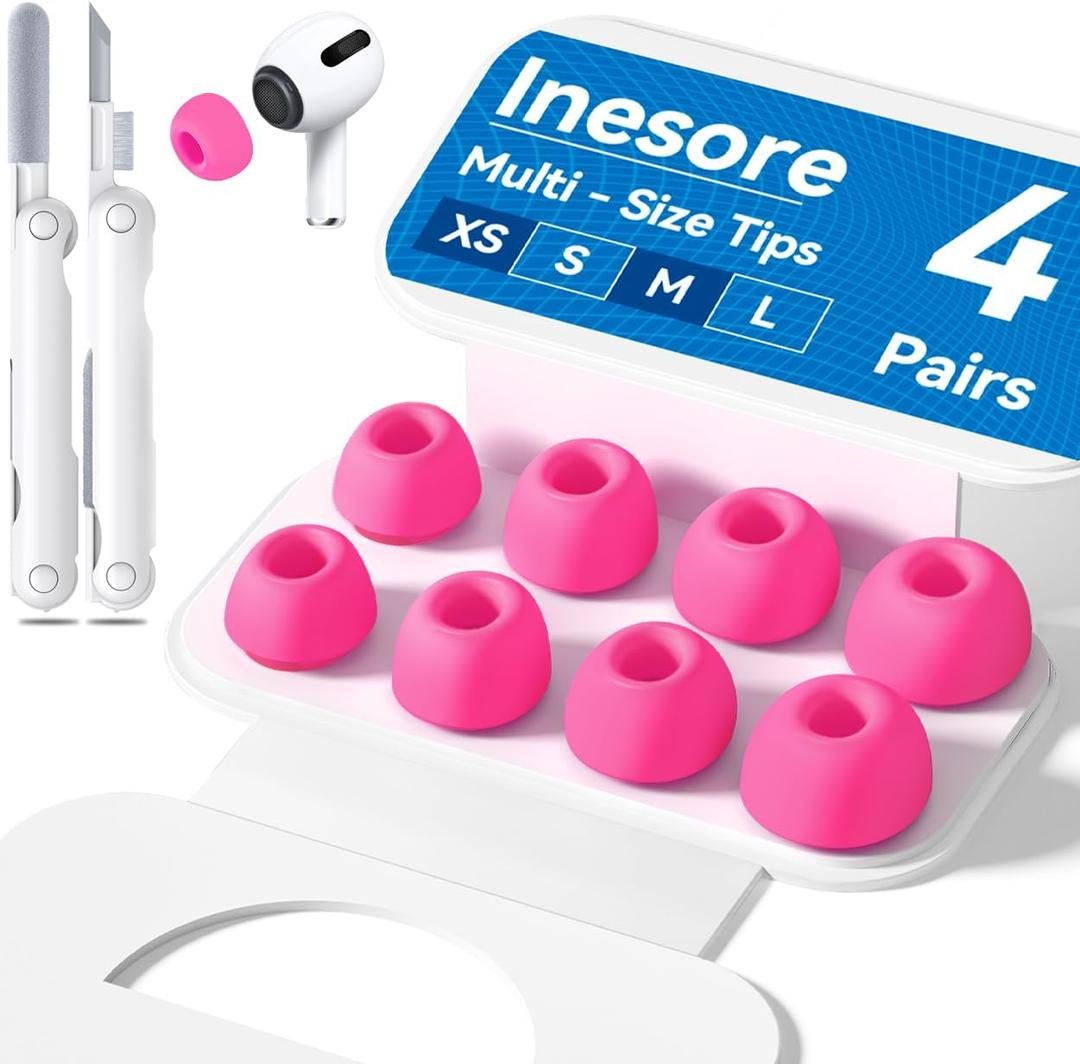 4 Pairs Replacement Ear Tips for AirPods Pro 2nd/1st Generation with Portable Storage Box & Cleaner Pen,Noise Reduction Holewith & Built-in dust Guard Screen,Silicone EarTips(Rose red)