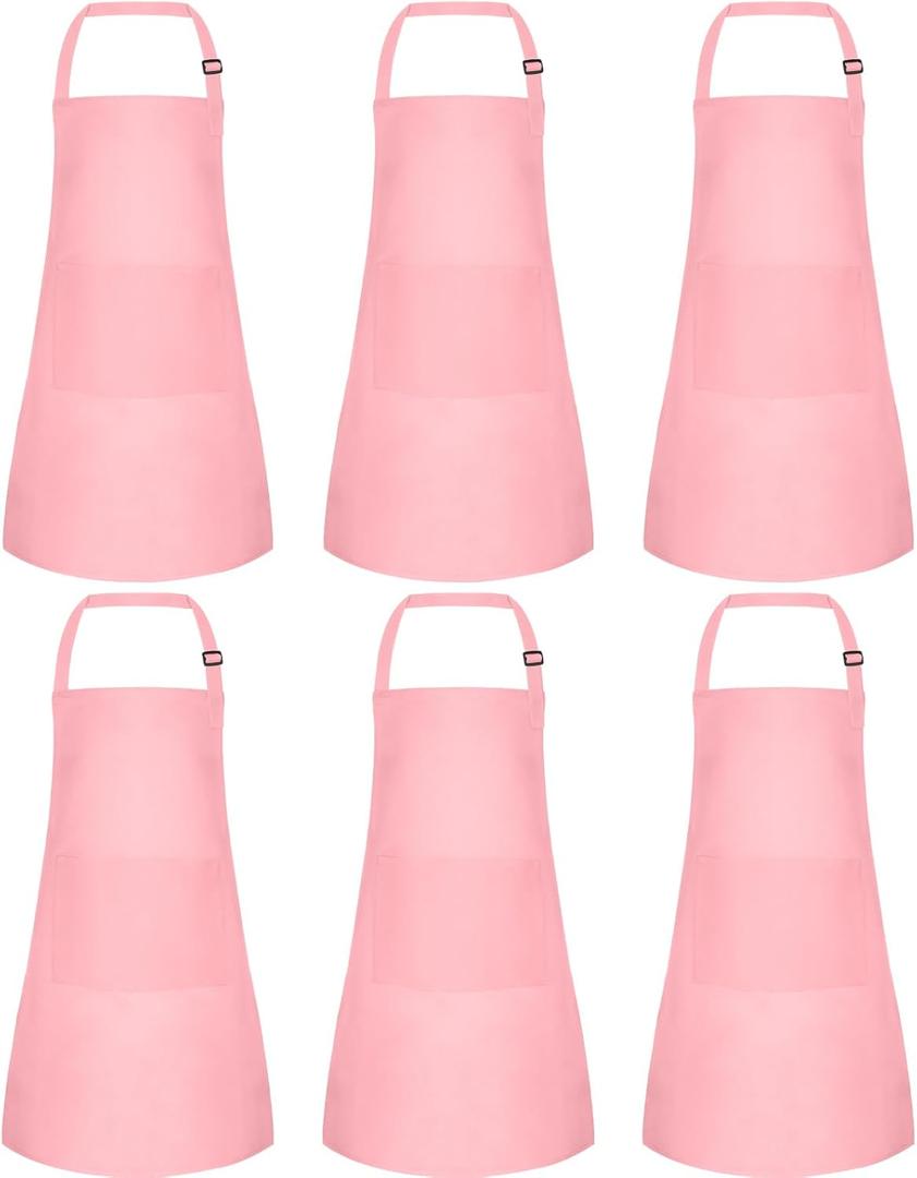 6 Pack Kids Apron Bulk with 2 Pockets Adjustable Chef Art Apron Kids Painting Aprons for Cooking Baking Painting Crafting Grilling ActivityPink