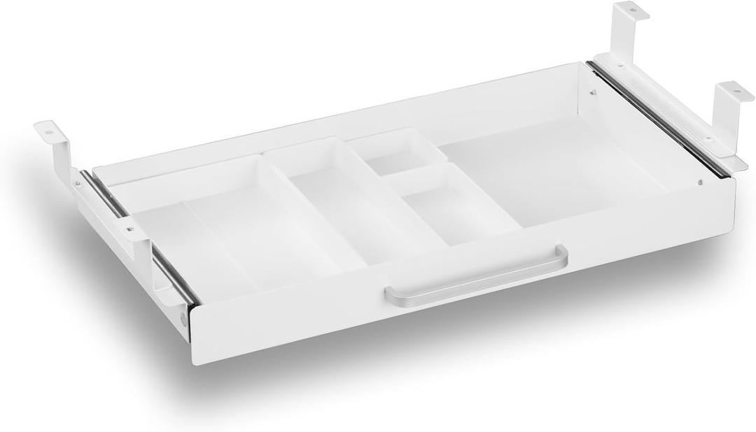 Under Desk Drawer White 21" with 4 Divider Trays, Under Shelf Pencil Drawer Pull-out, Standing Desk Metal Storage Attachment Slide Out for Workbench