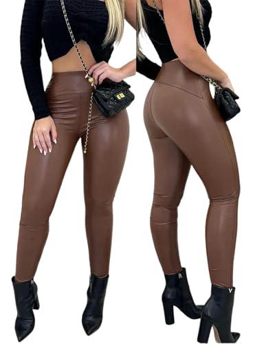 CHICME Womens Stretch Faux Leather Pants High Waist Curved Fleece Lined Tights Pants PU Leather Leggings (US, Alpha, Medium, Regular, Regular, Coffee), M