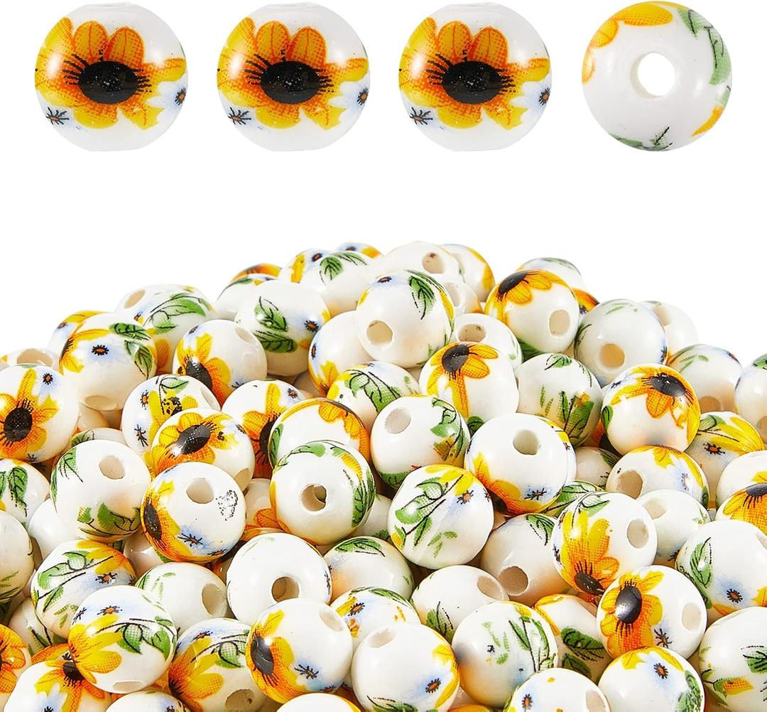 Hicarer 200 Pcs Ceramic Sunflower Beads 10 mm Summer Flower Ceramic Bead Round Porcelain Spacer Beads for Valentine's Day DIY Gifts Necklaces Earrings Bracelets Crafts Jewelry Making, Small
