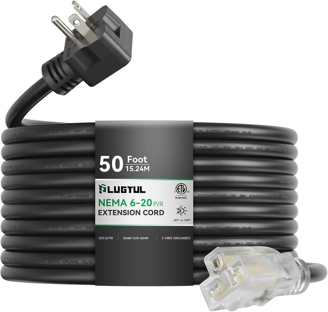 PLUGTUL NEMA 6-20 Extension Cord 50FT, Heavy Duty Extension Cord with Lighted Outlet, 20A/250V, 12Gauge SJTW, ETL Listed, 6-20P to 6-20R (T Blade Female Adapter) - Black