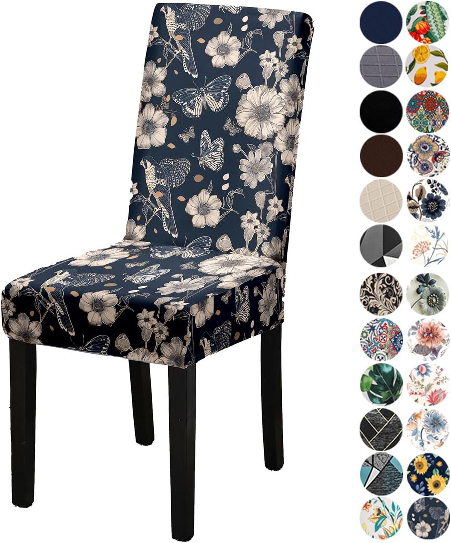 Chair Covers for Dining Chair Set of 6, Stretchy Soft Parson Chair Covers Removable Washable Kitchen Dining Room Chair Slipcovers with Elastic for Universal Fit (Flowers Dark)