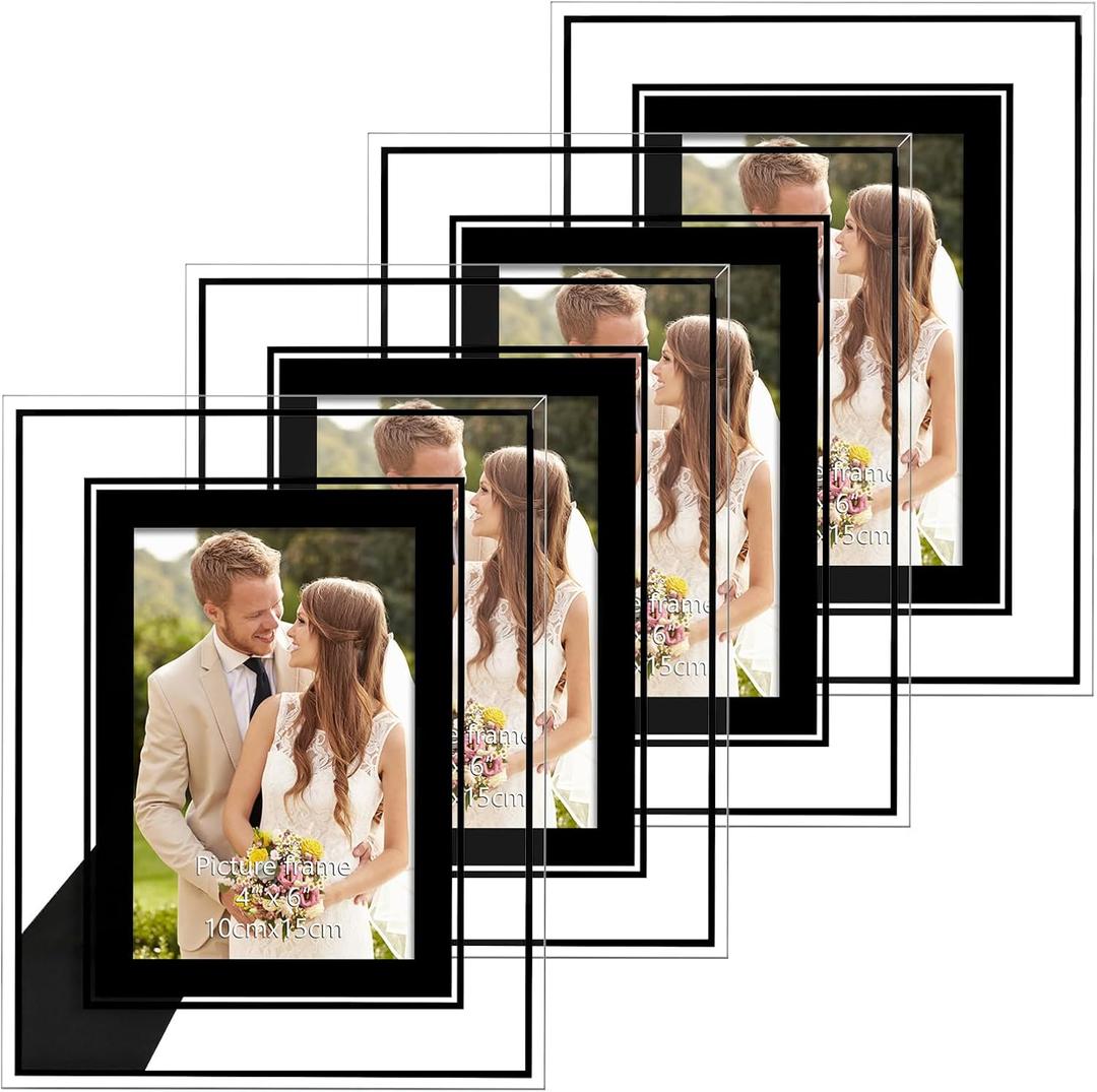 PHAREGE 4x6 Glass Picture Frame Black Clear 4 Pack, 4 by 6 Modern Photo Frame Set for Family Wedding Decor, Only Vertical or Horizontal on Tabletop