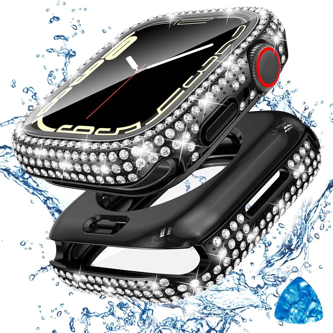 Tensea [2 in 1 for Waterproof Apple Watch Screen Protector Case 40mm SE 3/SE 2nd Generation/SE/Series 6/5/4 Accessories, 360 iWatch Diamond Front Bumper with Glass, Bling Face Cover Women, 40 mm (Black)