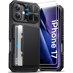 ATATOO for iPhone 17 Case Wallet with HD Tempered Glass Screen Protector [2 Pack], Card Holder & Slide Camera Cover, Military Grade Protection, Hard Protective Case for iPhone 17 6.3" 2025, Black