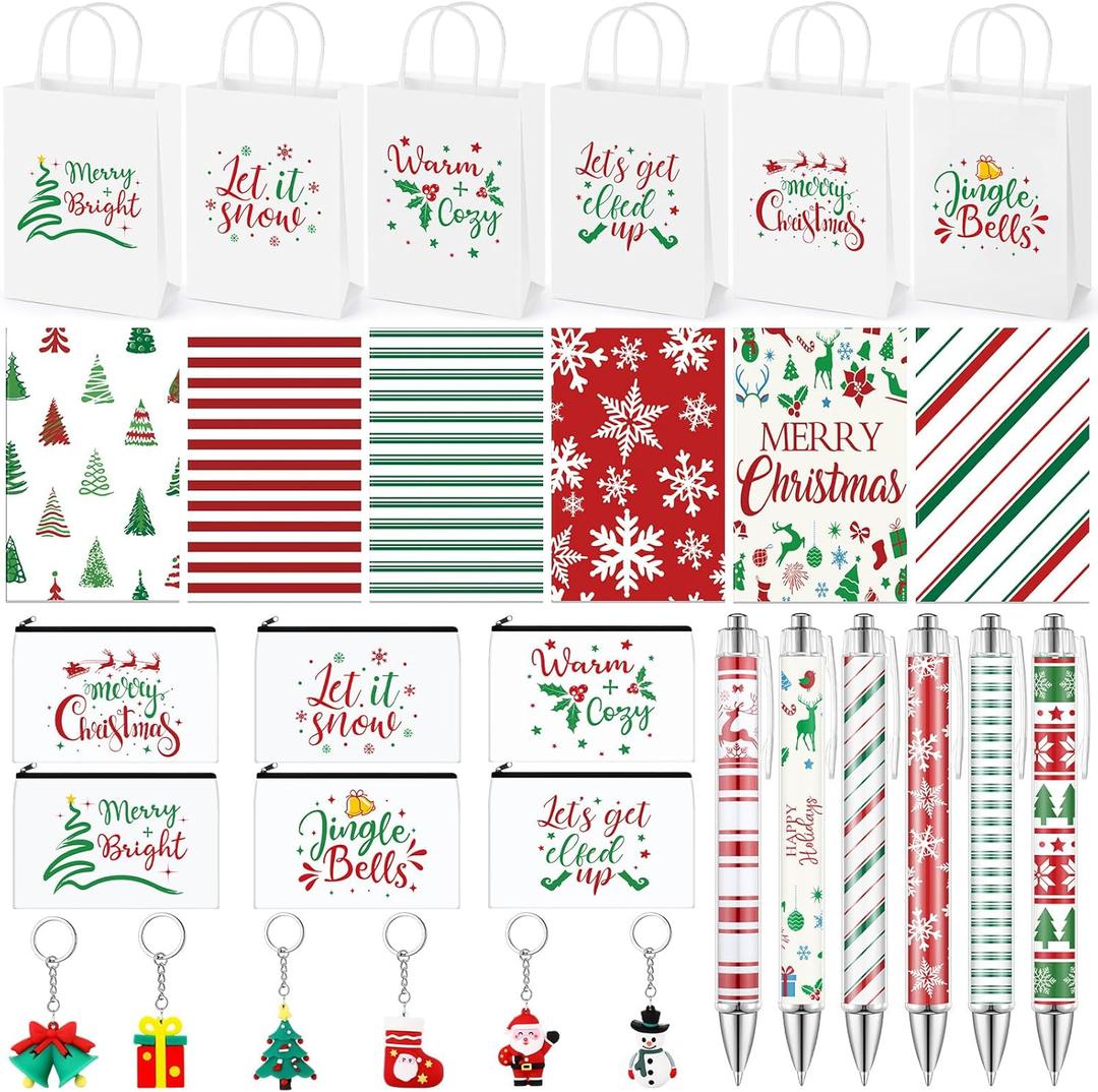 Resholder 30 Pcs Christmas Appreciation Gifts, 6 Makeup Bags 6 Paper Gift Bags 6 Keychains with Pendant 6 Inspirational Notepad Small Pocket Notebook and 6 Ballpoint Pen Office (Red and Green)