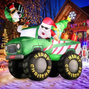 DomKom 7FT Christmas Inflatables Monster Truck, Santa Claus and Reindeer Drive Monster Truck Blow up Giant Yard Decoration, Outdoor Built-in LED Lights Party Lawn Holiday Winter Decor Outside