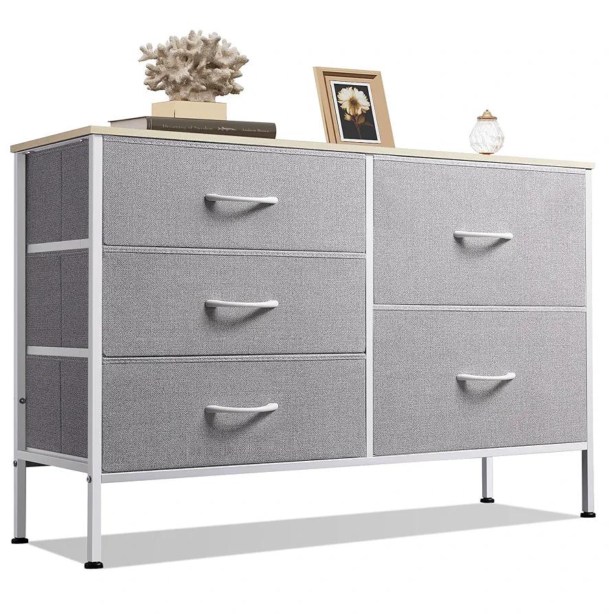 WLIVE Dresser for Bedroom with 5 Drawers, Wide Bedroom Dressers with Drawer Organizers, Chest of Drawers, Fabric Dresser for Living Room, Closet, Hallway, Light Grey