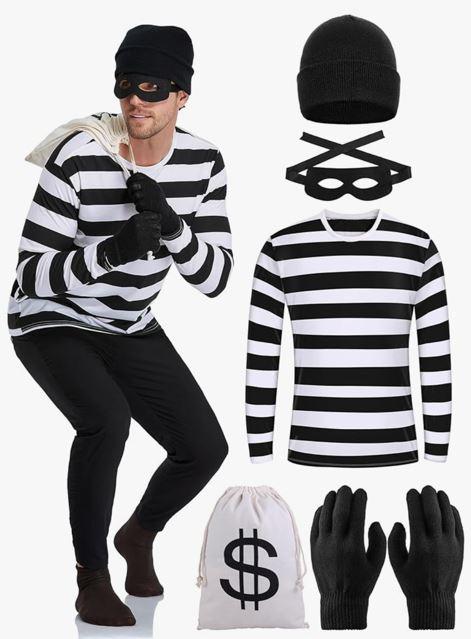 URATOT Halloween Robber Costume Set, Include Striped Long Sleeve T-Shirt Knit Cap Gloves Canvas Bags and Eye Mask, Size L