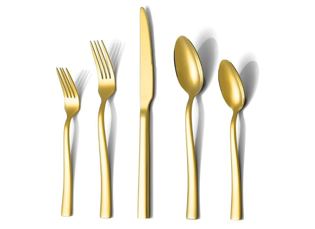Gold Silverware Set, Briout 40 Piece Stainless Steel Flatware Cutlery Set Service for 8 Luxury Square Tableware Thick Knife Fork Spoon for Home Kitchen Restaurant Wedding, Mirror Polished