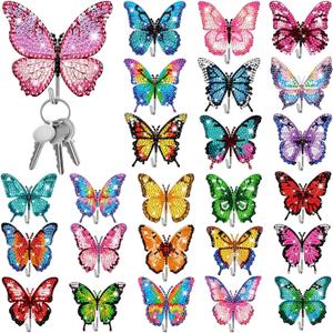Landical 25 Pcs Butterfly Diamond Painting Kits for Adults DIY Diamond Art Painting Wall Hook Key Holder Butterfly Wall Hooks Rhinestone Dot Gem Art Kits Sticky Hooks for Towel Hat Kitchen Decoration