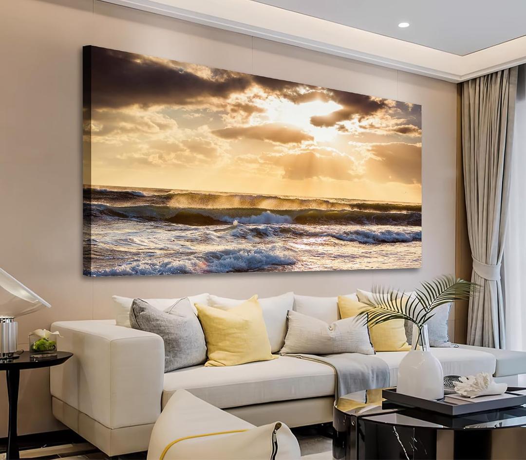 arteWOODS Sunset Sea Canvas Wall Art for Living Room Wall Decor, Ocean Waves Pictures Nature Prints Coastal Painting Artwork for Bedroom Office Home Decoration Ready to Hang 24" x 48"