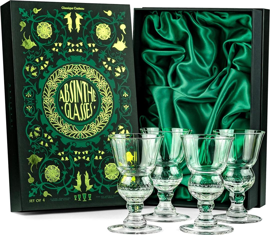 Vintage Crystal Absinthe, Sambuca, Raki, Pastis, Ouzo Glasses | Set of 4 | Short Stemmed 6.5 oz Goblets with Bubble Reservoir for Drinking Green Fairy | Handblown Small Wine Bistro Glassware