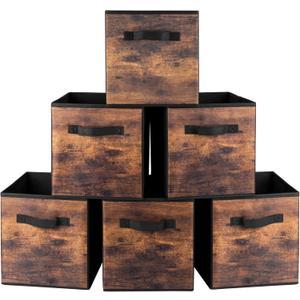 EWES 11 Inch Fabric Storage Cubes, 6 Pack Foldable Storage Bins with Handle, Storage Baskets Box for Shelves, Closet, Organizer, Brown Black