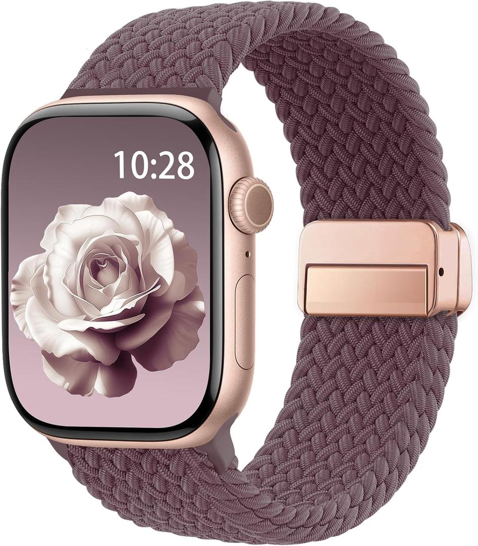 Braided Stretchy Band Compatible with Apple Watch Bands 38mm 40mm 41mm 42mm 44mm 45mm 46mm 49mm Women Men, Soft Nylon Solo Loop Magnetic Sport Strap for iWatch Series 11 10 9 8 7 6 5 4 3 2 1 SE Ultra (Violet Smoke)