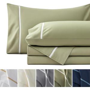 Bedsure 100% Cotton Sheets Queen Size Set - 500 Thread Count Cotton Sateen Bedsheets, Luxury Hotel Quality, Soft & Breathable Bedsheets, 16" Deep Pocket, 4-Piece, Include Queen Flat Sheet Green