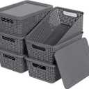 Plastic Storage Baskets With Lid, Storage Bins for Organizing, Stackable Decorative Containers for Shelves Drawers Desktop Closet Playroom Classroom Office, 6 Pack-Grey