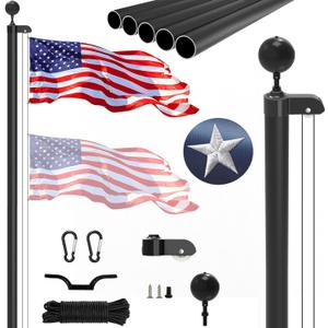 20FT Sectional Flag Pole Kit, Extra Thick Heavy Duty Aluminum Flagpoles for Outside House Inground with 3'*5' American Flag and Black Ball Topper for Residential or Commercial Use, Black