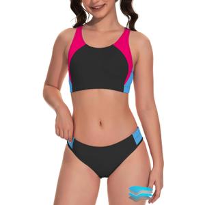 Beautikini Period Swimwear Two Piece Menstrual Leakproof Sporty Bikini Sets Bathing Suit Period Swimsuit for Teen Girls (Small, Raspberry Red+blue)