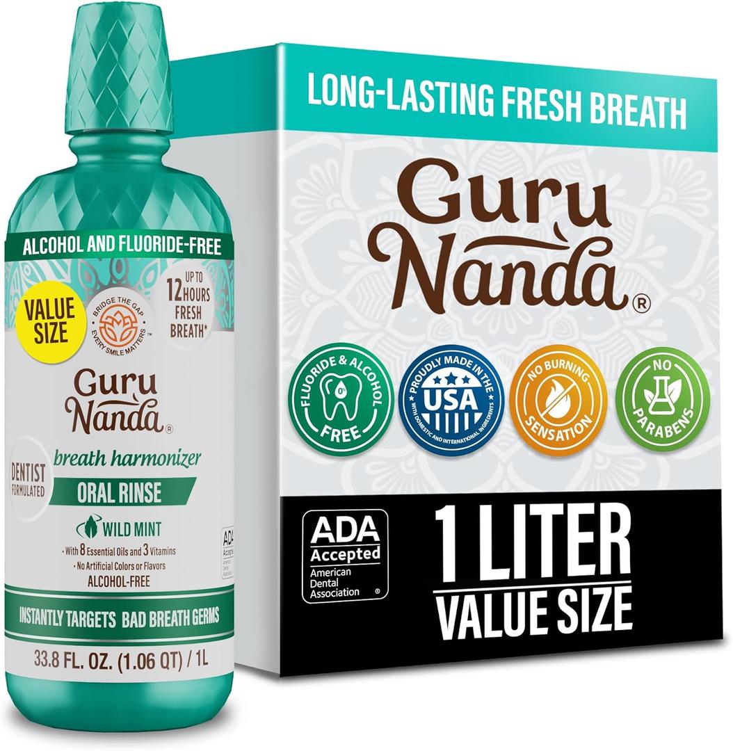 GuruNanda Fresh Breath Mouthwash 12-Hour Fresh Breath & Helps Fight Bad Breath ADA Accepted, Alcohol & Fluoride-Free Oral Rinse Wild Mint, 33.8 oz/1 Liter
