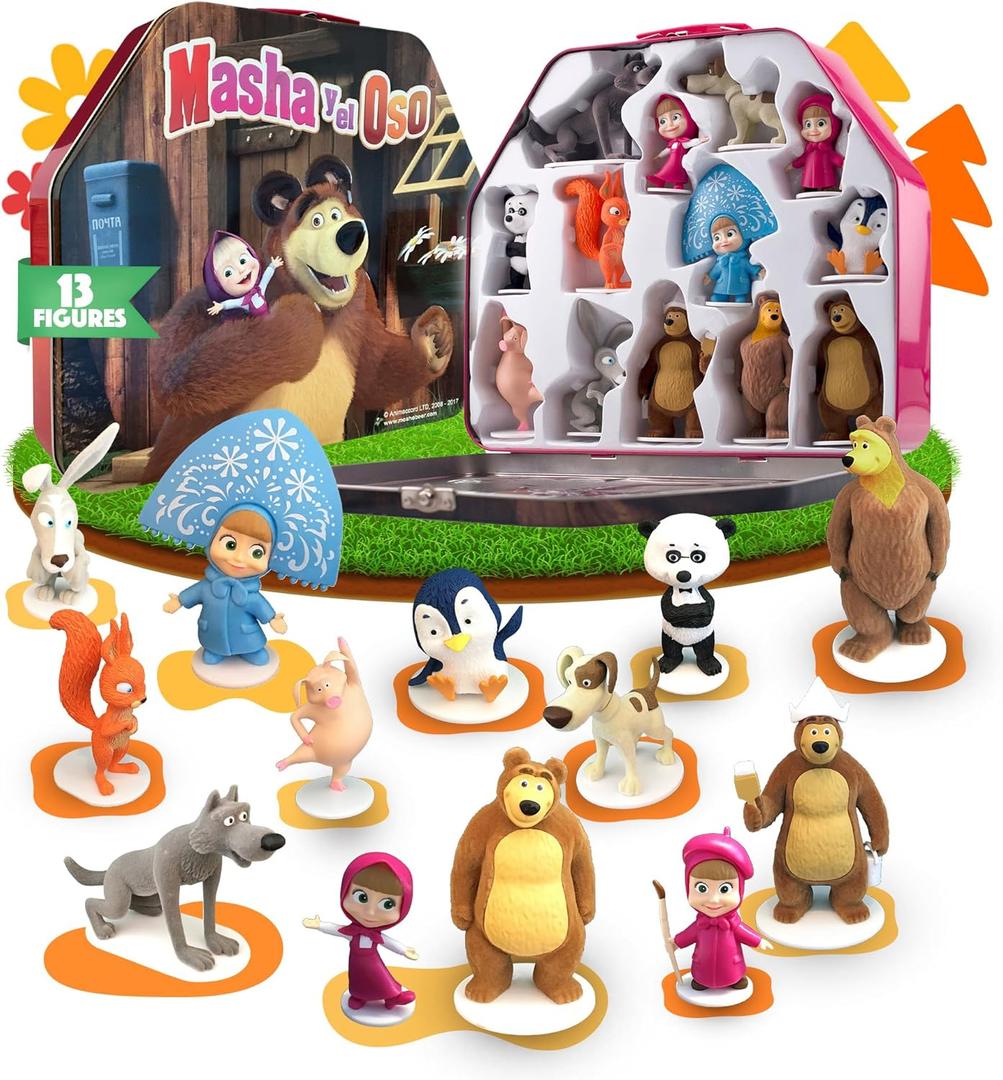 LUPPA Masha and The Bear Toys Playset: 13 Figures with Tin Box of The Bears House I Masha and The Bear I Figures and Dolls of TV Programs I Toys for Girls (12)
