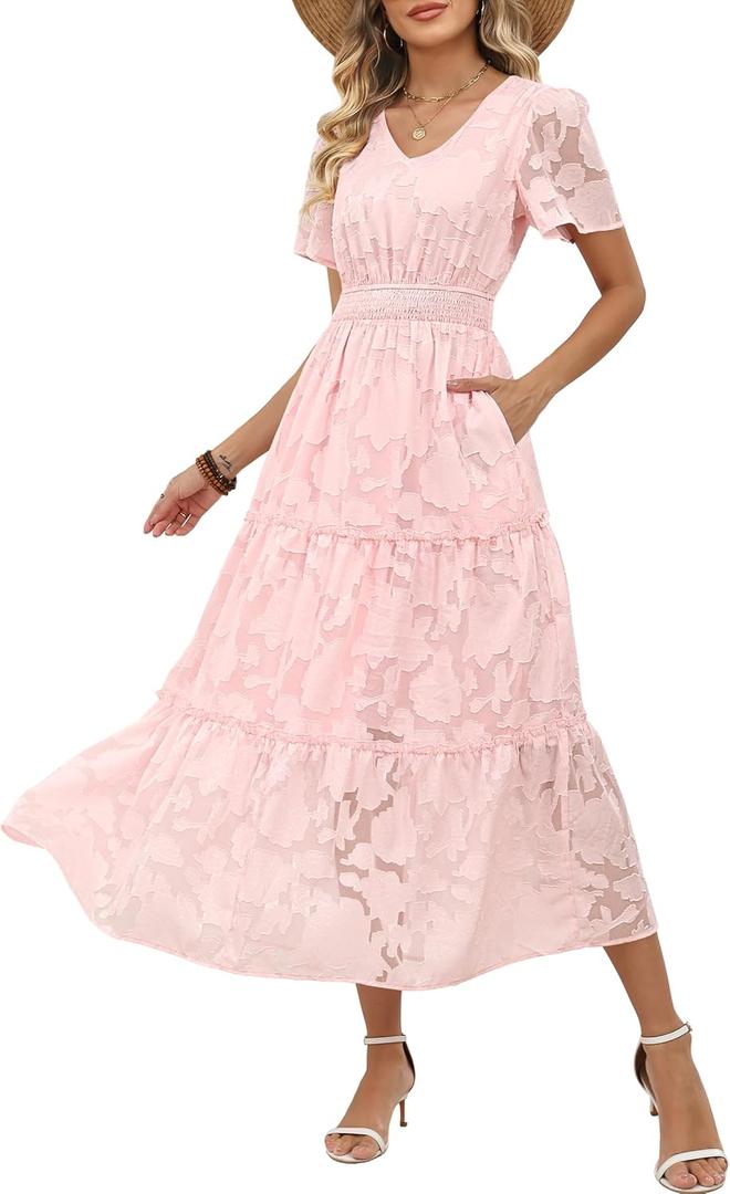 Caracilia Womens 2026 Spring Wedding Guest Maxi Dress Summer Boho Floral Short Sleeve V Neck Beach Vacation Tea Party Dresses (Pink, L)