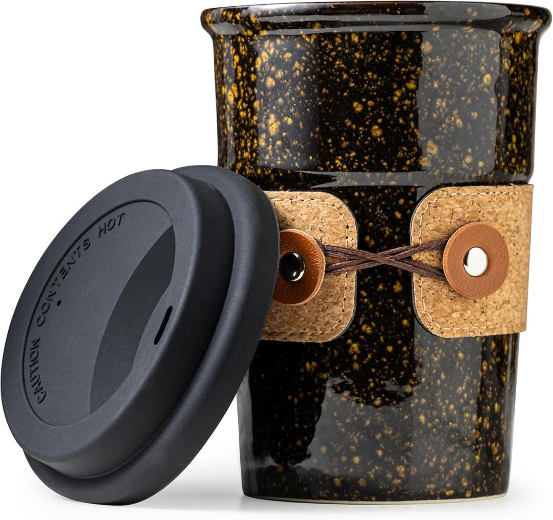 Cormomu Travel Coffee Mug, Tea Mug, Big Coffee Cups with Lids, No Spill Ceramic Tumbler, Reusable Camping Coffee Mugs for Men & Women, Microwave & Dishwasher Safe, 16.5 oz (Black with yellow dots)