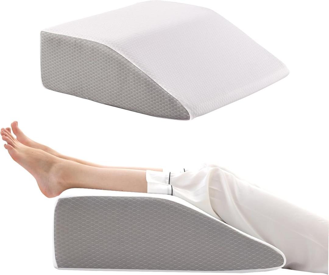 Leg Pillow, 8inch Leg Elevating Pillow for After Surgery, Blood Circulation, Leg Wedge Pillow for Side Sleeping, Leg Rest for Swelling, Cooling Gel Memory Foam Top, White/Grey (22*24+8)