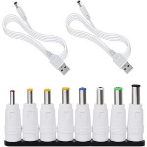 UCEC DC 5V Power Cord, Universal USB to DC 5.5x2.1mm Plug Charging Cable with 8 Interchangeable Plugs Connectors Adapter for Router, Mini Fan and More Electronics Devices (White), 2 PCS