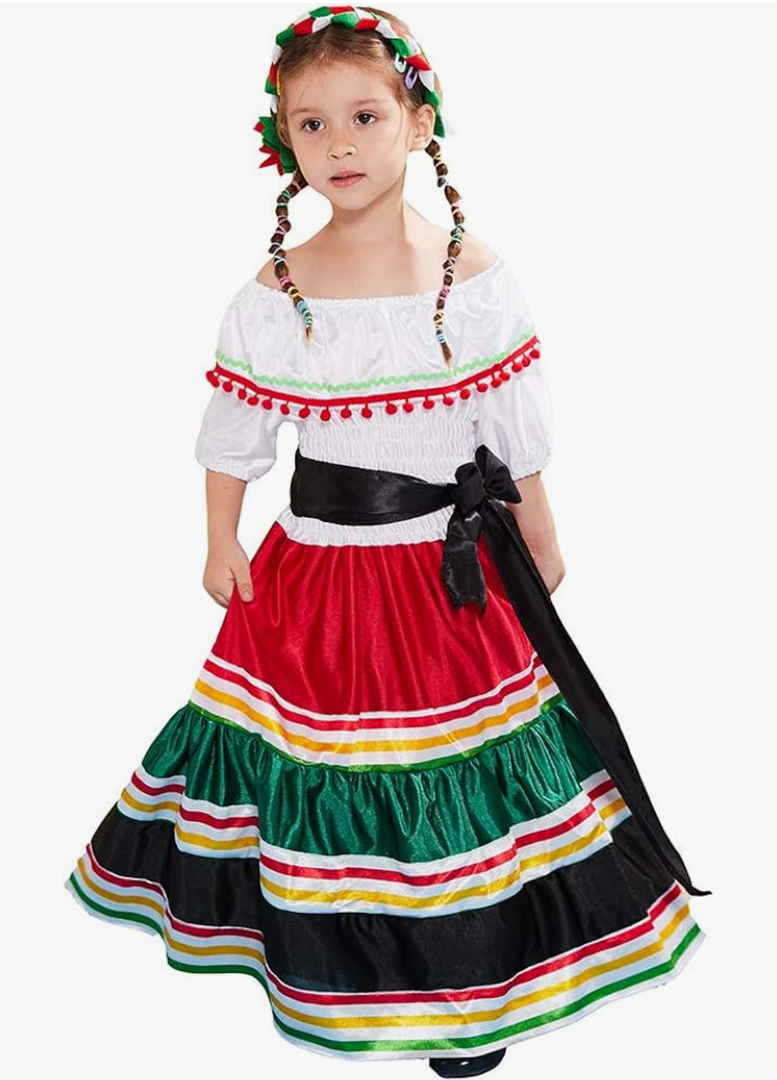 ReneeCho Mexican Dress for Girls Halloween Costume Kids Traditional Senorita Blouse Flamenco Dance Skirt. Size Large