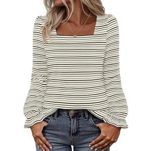 MEROKEETY Women's Fall Square Neck Striped Shirt Puff Long Sleeve Casual Loose Tops 2025 Trendy Blouse (L)