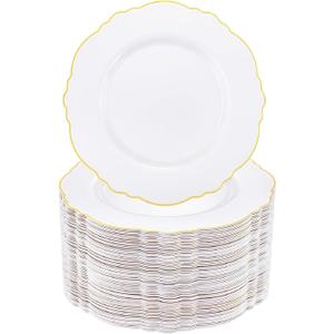 WDF 60pcs Gold Plastic Dinner Plates -10.25inch Baroque White and Gold Plates Fancy Plastic Plates for Upscale Party/Wedding/Birthday