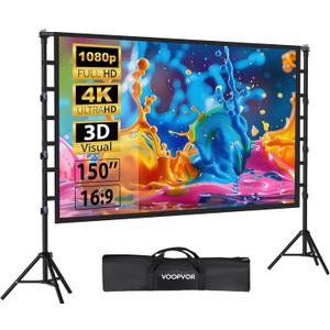 Outdoor Projector Screen with Stand 150 Inch: VOOPVOR Portable Projection Screen and Stand, Indoor Rear Front Movie Screen 16:9 4K HD, with Carry Bag,Support Height Adjustable for Home Theater Camping