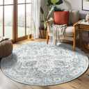 Jinchan Round Rug 4ft Area Rug - Machine Washable 4'Circle Vintage Floral Non-Slip with Rubber Backing Ultra-Thin Low-Pile Carpet for Living Room Dining Room Entryway (4'Round, Grey/Blue)