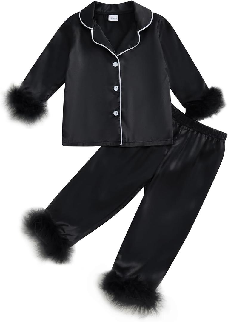 fyclemt Toddler Baby Girl Satin Pajamas Feather Trim Long Sleeve Button Down Shirt Long Pants 2PCS Pjs Sleepwear Lounge Sets (3-4T, Black)