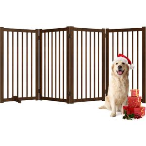 36" H Freestanding Pet Gate, Solid Wood Foldable Dog Gate with Support Feet, Wooden Tall Dog Gate for Doorway, Stairs & Indoor Use, 60" Wide Expandable Pet Fence, 4 Panels, Walnut