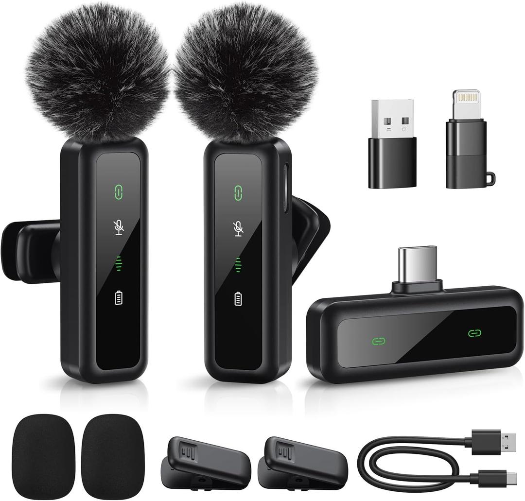 Mini Microphone, Wireless Lavalier Microphone for iPhone, iPad, Android, 2-Pack Mini Mic with Noise Reduction, Auto Pairing and Mute & Reverb for Vlogging, Video Recording, Live Streaming, Interview