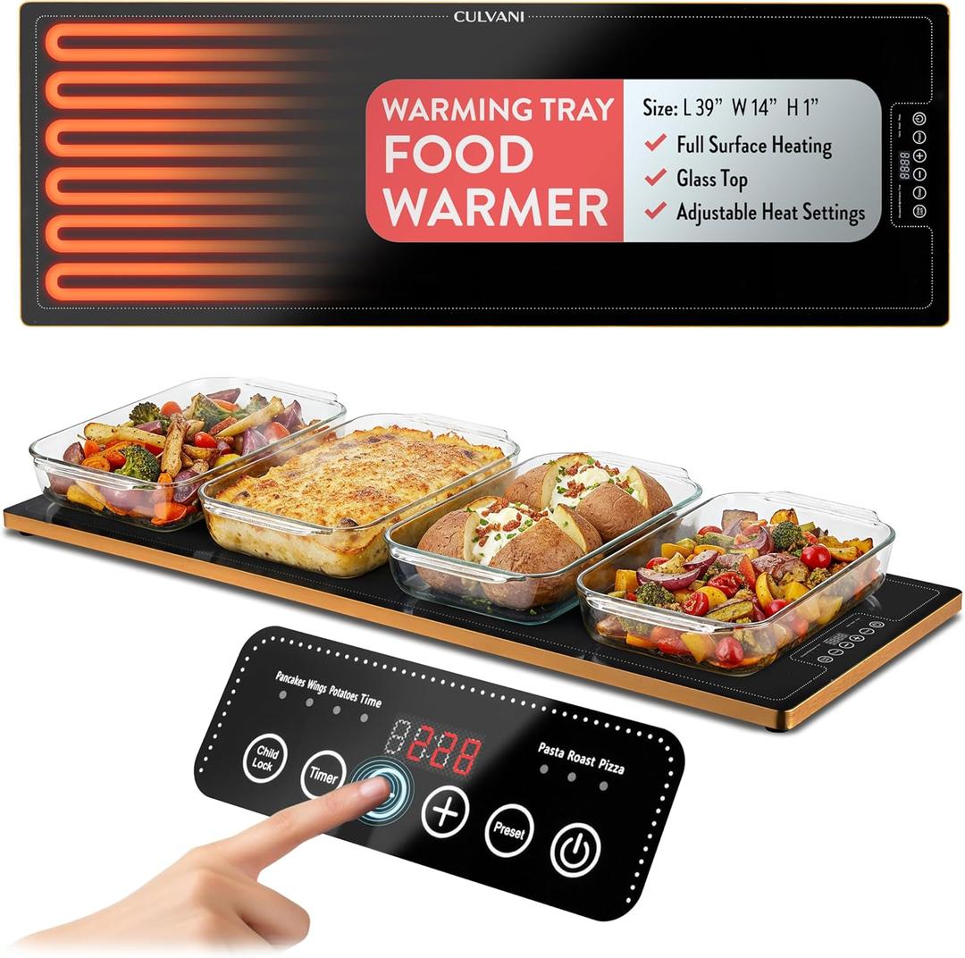 ThermaPlate XL Warming Tray | 39"x14" Glass Electric Food Warmer for Parties, Buffets & Dinners | 1" Thin Countertop Hot Plate, | Adjustable Presets, Sleek Touch Controls, Safe Design