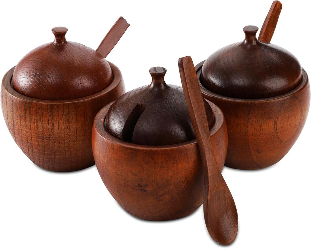 3 Pack Wood Salt Box Spice Jar, Natural Wooden Salt Cellar with Lid and Spoon, Sugar Bowl Pepper Seasoning Container Holder Keeper for Kitchen, Serving, Condiment, Japanese Style
