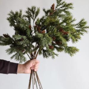6 Pcs Christmas Cedar Pine Branches 25.5 Inch Artificial Cedar Stems with Pine Cones Christmas Greenery Picks Fall Leaf Branch Norfolk Stems for DIY Crafts Xmas Winter Wreath Garland Decor